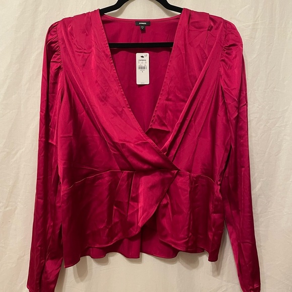 NWT Express Pink Satin Puff Shoulder Draped Faux Wrap Top - Picture 5 of 9
